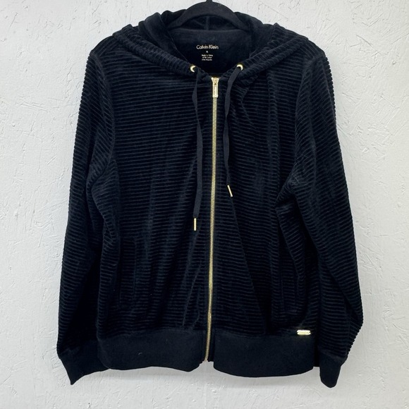 Calvin Klien Velour Ribbed Hoodie Gold Zipper  Pockets XL Black Warm Dressy - Picture 1 of 10